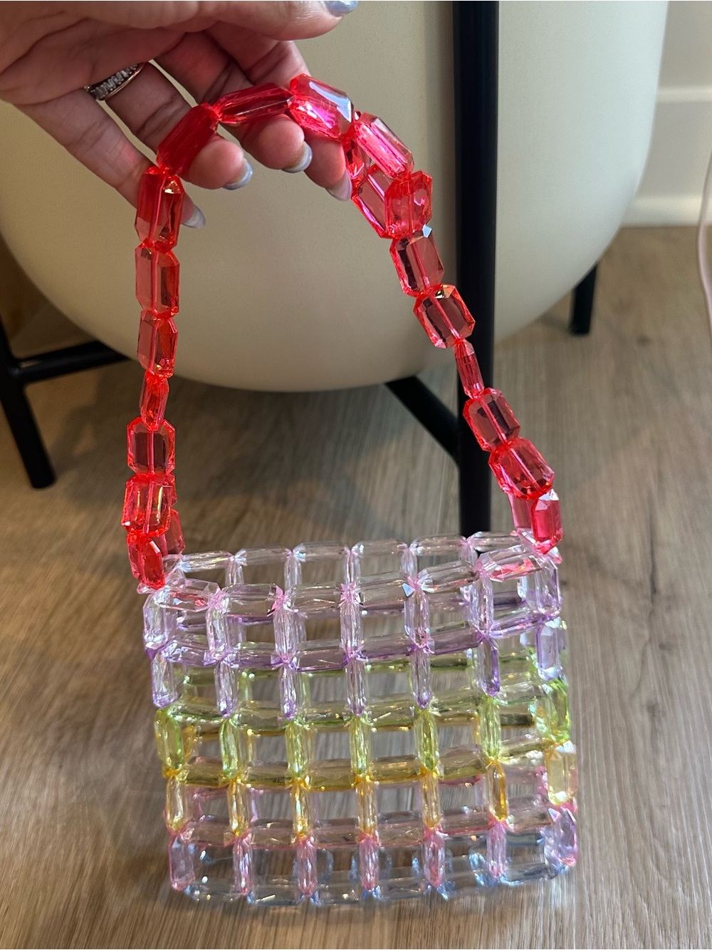 Multi Color Beaded Clear Square Grid Shoulder Bag